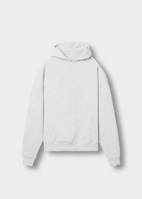 Hellgrauer Kapuzenpullover aus einem Stoff mit weicher Textur. Verfügt über eine Fronttasche, eine Kapuze mit Kordelzug und gerippte Bündchen. Klassisches Design.
