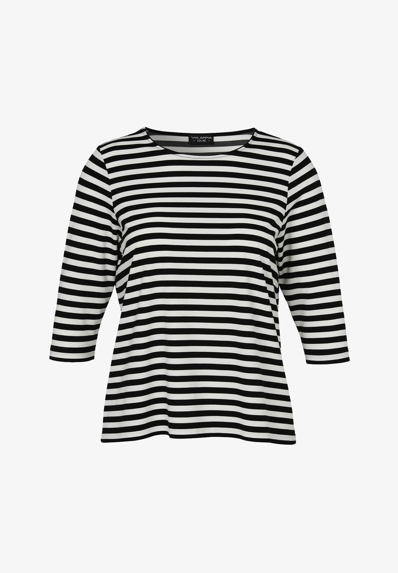 Schwarz-weiß gestreiftes Oberteil mit drei Viertelärmeln, rundem Halsausschnitt und lässigem Schnitt. Hergestellt aus einem weichen, leichten Stoff.