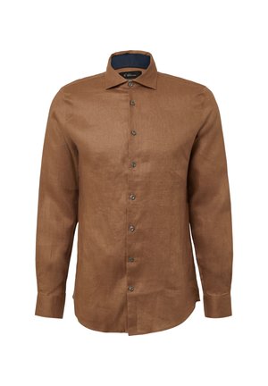 Bruine langeslevende shirt van linnen, met een knoopsluiting aan de voorkant, donkere knopen en een contrasterende marineblauwe kraag. Soepele textuur.