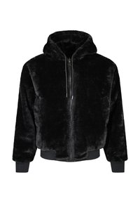 Veste en peluche noire zippée à capuche, avec poignets et taille côtelés, dotée de cordons sur la capuche.