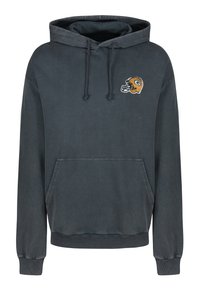 Uhlově šedá mikina s kapucí, přední kapsou, stahovací šňůrkou, žebrovanými manžetami a vyšitým logem fotbalové helmy v žluté a černé barvě.