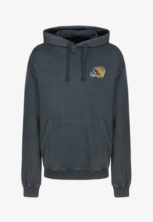 Charcoal gray hoodie with a front pocket, drawstring hood, ribbed cuffs, and an embroidered yellow and black football helmet logo.