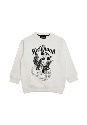 Felpa bianca con grafica nera di ali, chitarra, boombox e testo con la scritta "John Richmond" e ulteriori lettere stilizzate.