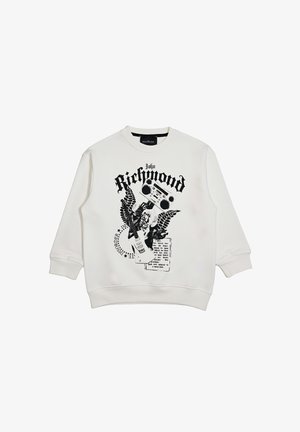 Felpa bianca con grafica nera di ali, chitarra, boombox e testo con la scritta "John Richmond" e ulteriori lettere stilizzate.