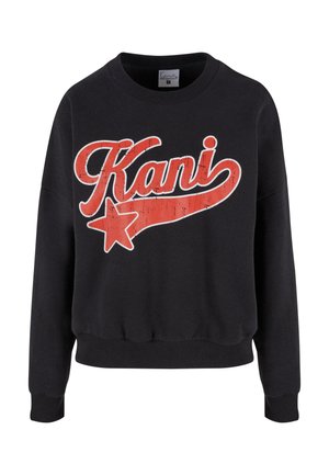 Črna sweatshirt iz bombaža s krojnim ovratnikom. Na sprednji strani vsebuje velik, obrabljen rdeč grafični napis "Kani" in rdečo zvezdo.