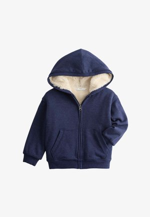 Marineblauer Kapuzenpullover mit Reißverschluss, weichem beigem Fleecefutter, großen Fronttaschen und Kordelzug an der Kapuze. Glatte Außenseite, lässiges Design.