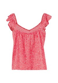 Blusa rossa a fiori con maniche corte volant, con scollatura a girocollo e vestibilità ampia. Il tessuto è leggero e strutturato con piccoli fiori bianchi.