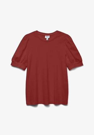 Červenohnědá krátká halenka s nafouklými rukávy, kulatým výstřihem a přiléhavým detailem na manžetě.