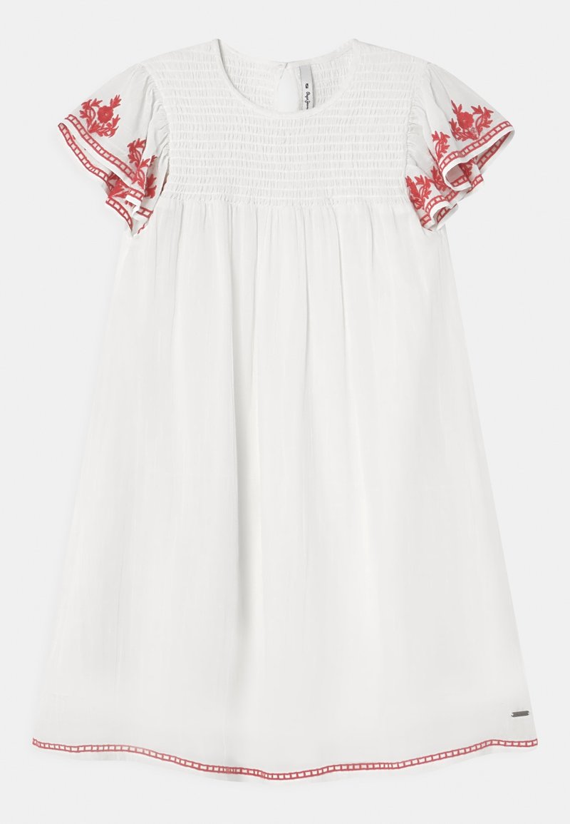 Bílá bavlněná šaty s nabíraným živůtkem a krátkými rukávy, ozdobená červenou květinovou výšivkou a detailem na lemu, volný střih, kulatý výstřih.