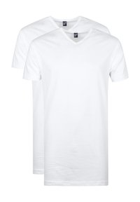 Twee witte katoenen T-shirts met V-hals ontwerp. Zachte textuur, korte mouwen en een relaxte pasvorm. Labels zichtbaar bij de halslijn.