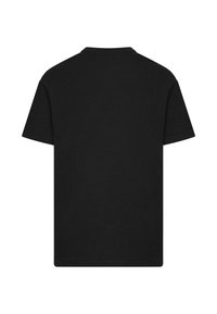 Fekete pamut póló, rövid ujjak, kerek nyak, egyszínű, sima textúrájú, minták vagy grafikák nélkül, standard téglalap alakú.