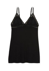 Un haut en lingerie noir avec des bordures en dentelle, présentant un décolleté en V, des bretelles spaghetti ajustables et un tissu doux et fluide.