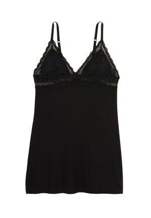 Un haut en lingerie noir avec des bordures en dentelle, présentant un décolleté en V, des bretelles spaghetti ajustables et un tissu doux et fluide.