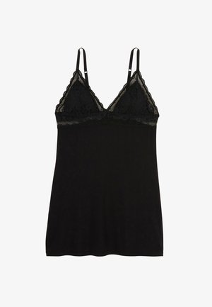 Un haut en lingerie noir avec des bordures en dentelle, présentant un décolleté en V, des bretelles spaghetti ajustables et un tissu doux et fluide.