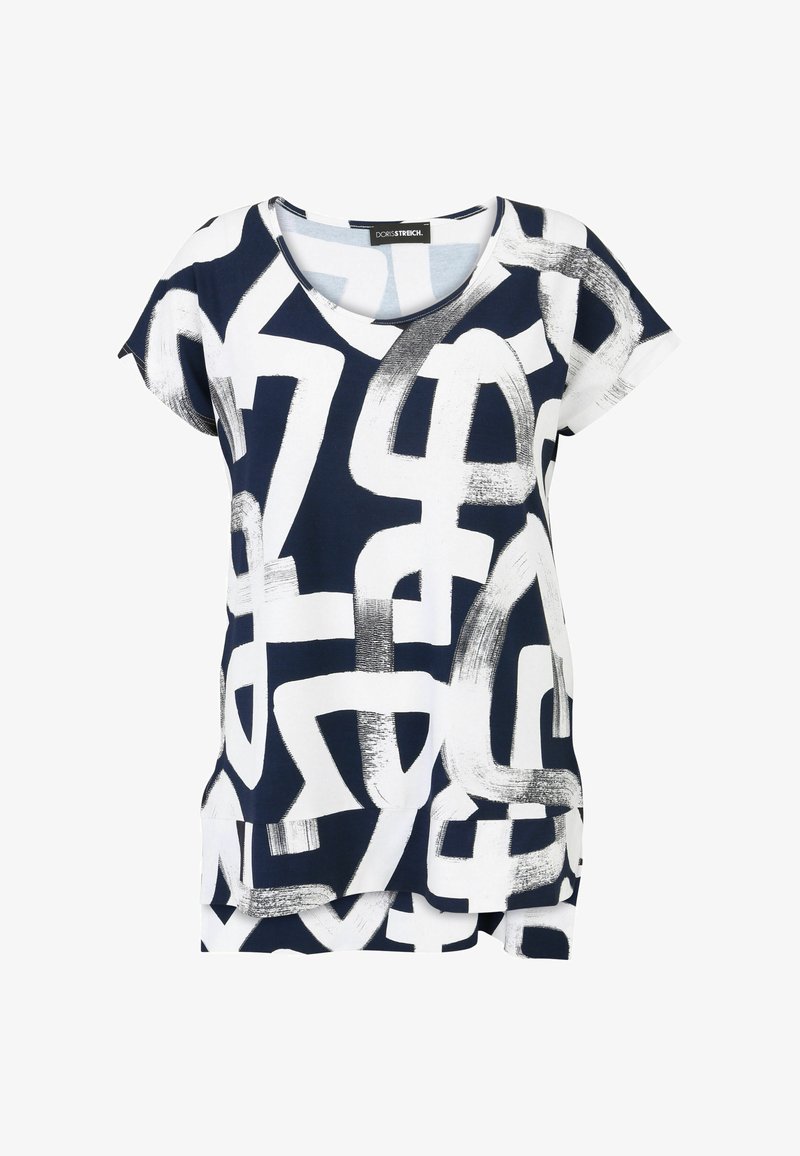Navy blue top with abstract white brushstroke pattern, short sleeves, and a V-neck. Made from soft, stretchy fabric for comfort.