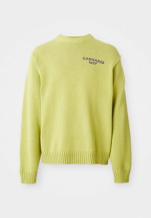 Világoszöld kötött pulóver ribbed nyakkivágással és mandzsettákkal. A hátán egy lila "Carhartt WIP" logó található, laza szabással.