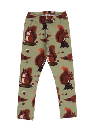 Grüne Leggings mit einem verspielten Muster von braunen Eichhörnchen, Eicheln und Pilzen. Elastischer Bund für hohen Tragekomfort.
