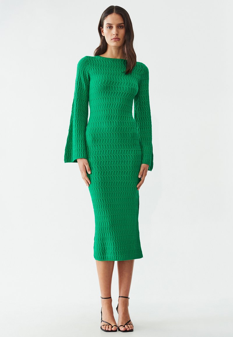 green emerald velvet dress Dark Green Knitted Long Sleeve Midi Dress main image 1