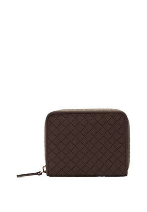Brown woven leather wallet with a textured surface, zip closure, and a small attached strap. Rectangular design with rounded edges.