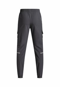 Dark gray cargo pants with elastic waistband and ankle cuffs, featuring side pockets with flaps and reflective strips above the knees.