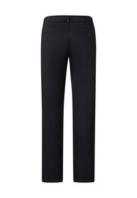 Schwarze Hose mit geradem Schnitt, aus einem glatten Stoff gefertigt. Verfügt über zwei Gesäßtaschen mit Knopfverschlüssen. Schlichte, abgesteppten Säume, ohne Muster.