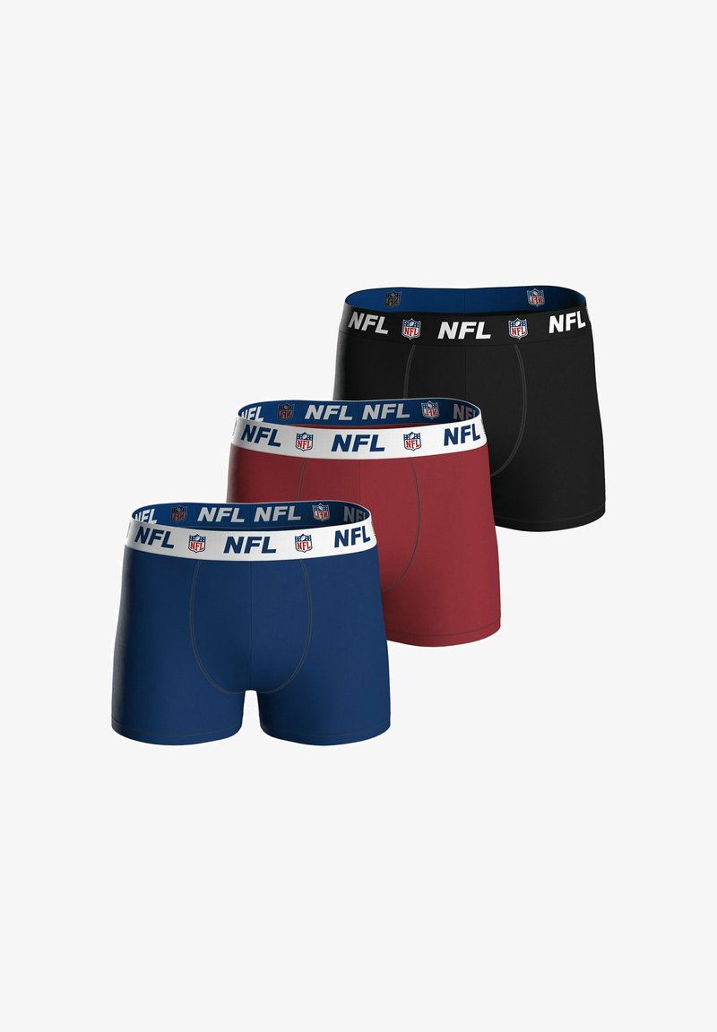 Tres pares de calzoncillos tipo bóxer en azul marino, burdeos y negro. Cada uno presenta una cinturilla con el logotipo de la NFL en blanco para su identificación.