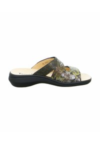 Open-toe slide sandal with a floral patterned upper in green and brown, contrasting black outsole, padded insole for comfort, wide straps.