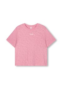Lyserød t-shirt med kortærmer, der har et tekstureret stof med et let meleret mønster. Centralt logo i en kontrasterende boks på fronten.