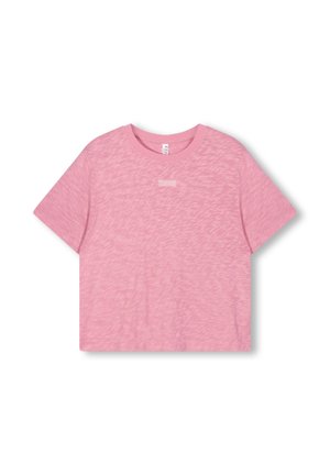 Rosa T-Shirt mit kurzen Ärmeln, aus strukturiertem Stoff mit leichtem Melange-Muster. Zentrales Logo in einem kontrastierenden Feld auf der Vorderseite.