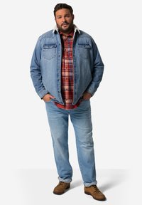 Chaqueta de mezclilla con cuello de borreguito sobre una camisa de cuadros roja y negra, combinada con jeans de mezclilla azul claro y botas marrones con cordones.