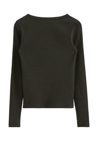 Maglietta a maniche lunghe verde scuro realizzata in tessuto a costine, caratterizzata da un colletto rotondo e un design aderente. Semplice, senza ulteriori pattern o dettagli.