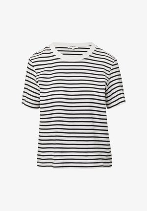 Gestreiftes T-Shirt mit Schwarz- und Weiß-Horizontallinien, rundem Ausschnitt, kurzen Ärmeln, gefertigt aus weichem Baumwollmischgewebe.