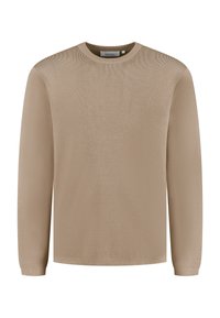 Beige lang mouw shirt van een gestructureerde stof, met een ronde hals en een rechte pasvorm. Glad oppervlak met subtiele ribbeldetails.