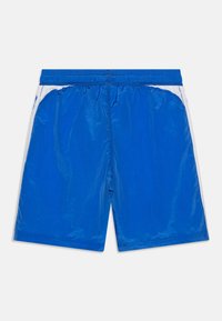 Shorts de sport bleus avec des panneaux latéraux blancs, taille élastique, tissu léger et surface texturée, dotés d'une coupe droite et sans imprimés.
