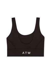 Sort sports-bh med scoop-udskæring og brede stropper. Har bogstaverne "ATW" i hvidt på båndet. Glat tekstur, strækbart materiale.