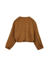 Haut cropped en velours côtelé marron avec un large col, de longues manches bouffantes et une taille élastique, doté d'un motif texturé en côtes.