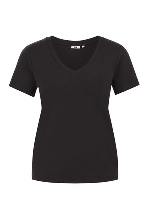 Sort kortærmet t-shirt med V-hals design. Fremstillet af blødt stof, har den en glat overflade og en klassisk, tætsiddende facon.