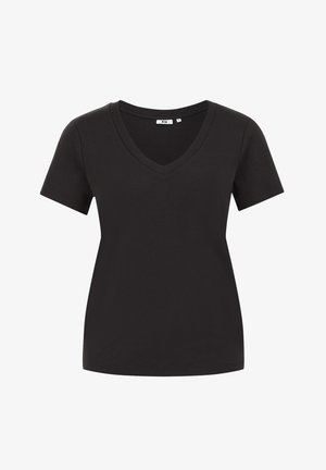 T-shirt noir à manches courtes avec un design en col en V. Fabriqué en tissu doux, il a une texture lisse et une coupe classique et ajustée.