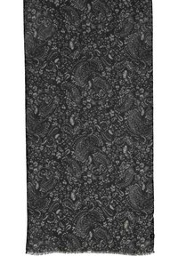 Sort og grå mønstret tørklæde med indviklede paisley- og blomstermotiver, blød tekstur og frynsede kanter.