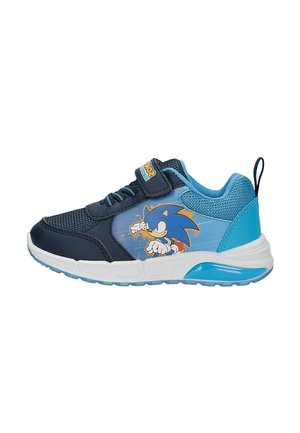 Dziecięce granatowe i jasnoniebieskie trampki z grafiką Sonic the Hedgehog, paskiem na rzep i wyściełaną białą podeszwą.
