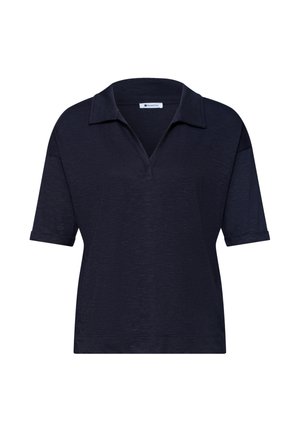Navyblauw poloshirt met korte mouwen, kraag, V-hals en omgeslagen mouwen, weergegeven op een witte achtergrond.