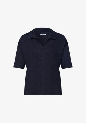 Navyblauw poloshirt met korte mouwen, kraag, V-hals en omgeslagen mouwen, weergegeven op een witte achtergrond.