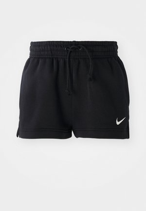 Calções atléticos pretos feitos de tecido suave, com um cós elástico e cordão, fendas laterais e um pequeno logótipo branco na bainha.