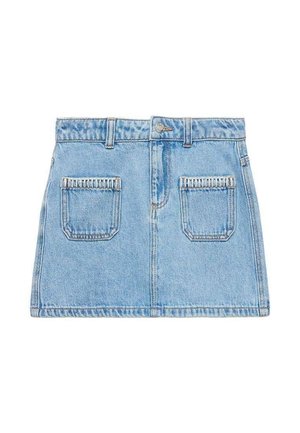 Hellblauer Denim-Minirock mit vorderer Knopfleiste, Gürtelschlaufen und zwei quadratischen Fronttaschen.