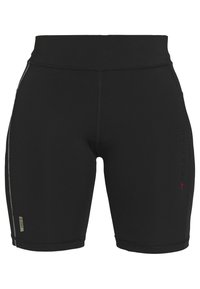Sorte knælange atletikshorts lavet af strækbart materiale, med høj talje, sømdetaljer og små branding accenter.