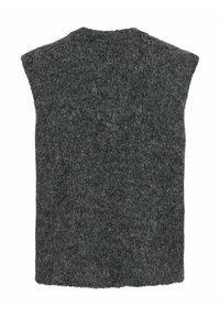 Teksturēta, piedurkņu nesaturoša pelēka veste ar vaļīgu piegriezumu. Audums šķiet mīksts un pūkains, ar smalku jauktu svītru rakstu.