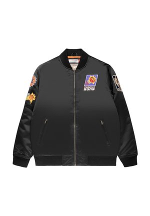 Veste bomber en satin noir avec les logos Phoenix Suns et NBA sur le devant et les manches, avec poches zippées et poignets et col côtelés.