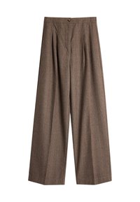 Brune rutete vide benbukser laget av teksturert stoff, med frontfolder og en enkel knappelukking i livet.