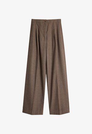 Brune rutete vide benbukser laget av teksturert stoff, med frontfolder og en enkel knappelukking i livet.
