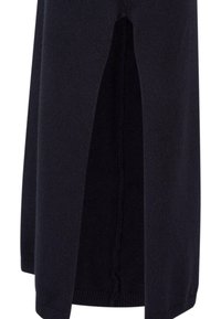 Vêtement tricoté noir avec un design à fente. Présente une texture lisse et des poignets côtelés. Style minimaliste sans motifs ni embellissements visibles.